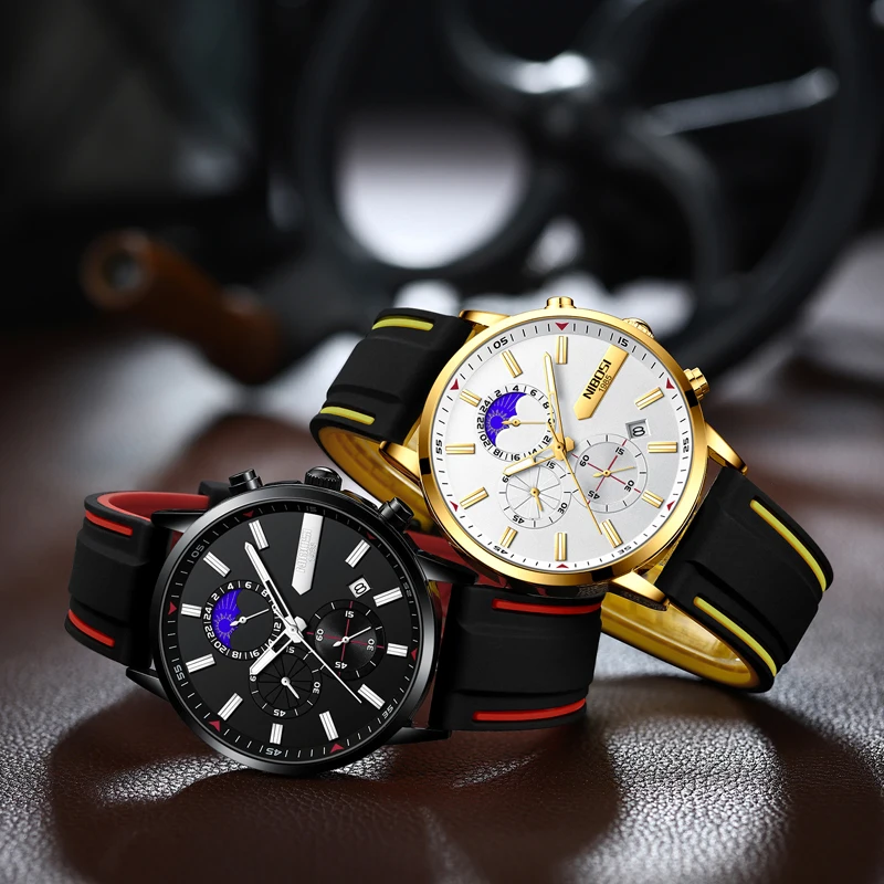 NIBOSI Fashion Silicone Strap Quartz Watch for Men Waterproof Sports Chronograph Mens Watches Top Brand Luxury Relogio Masculino