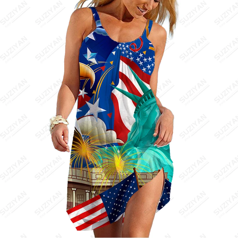 

Summer new ladies suspender dress American flag 3D printed lady camisole dress female fashion trend casual lady suspender dress