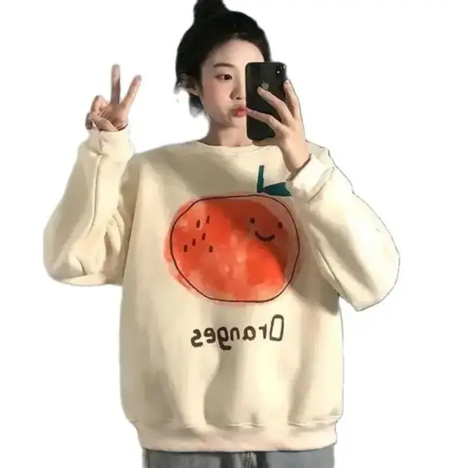 Sweatshirts Women Thicker Winter Korean Style Lazy Print Kawaii O-neck Aesthetic Streetwear Harajuku Ins Ropa Cute Preppy Chic