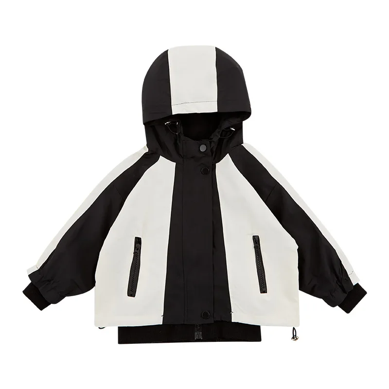 

Весенняя куртка для девочек HoneyCherry, ветрозащитная куртка с капюшоном, черно-белая спортивная куртка в стиле пэчворк, Детское пальто