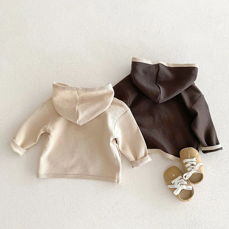 New Spring Korean Style Infant Baby Boys Girls Cardigan Long Sleeved Solid Color Hood Waffle Cotton Newborn Baby Coat