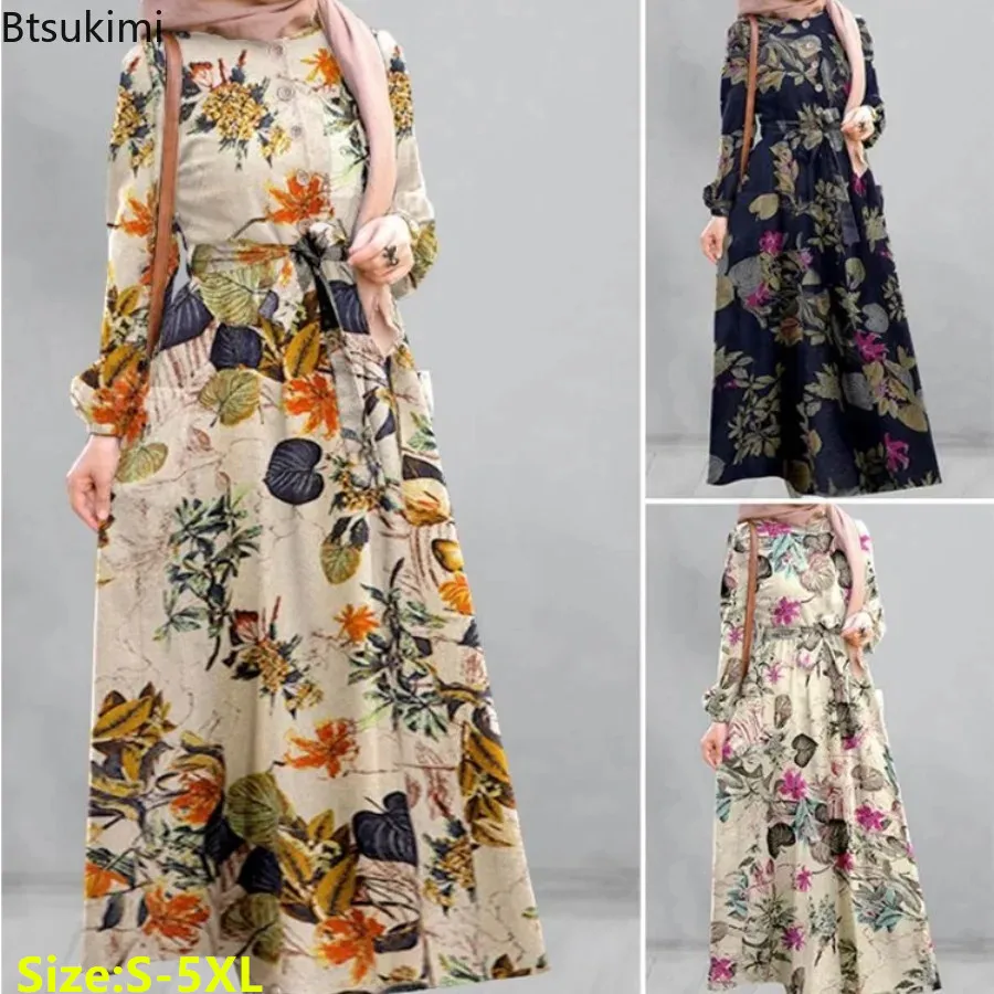 New Fashion Women's Floral Print Cotton Linen Dress Hijab Muslim Long Sleeve Abayas Ladies Elegant Vintage Party Dress with Belt