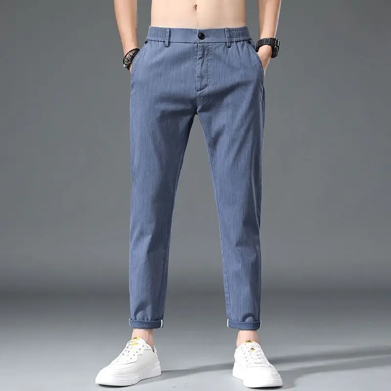 Summer New Fashion Casual Ice Silk Simple Versatile Straight Pants Men Solid Button Zipper Pockets Slim Loose Casual Trouser