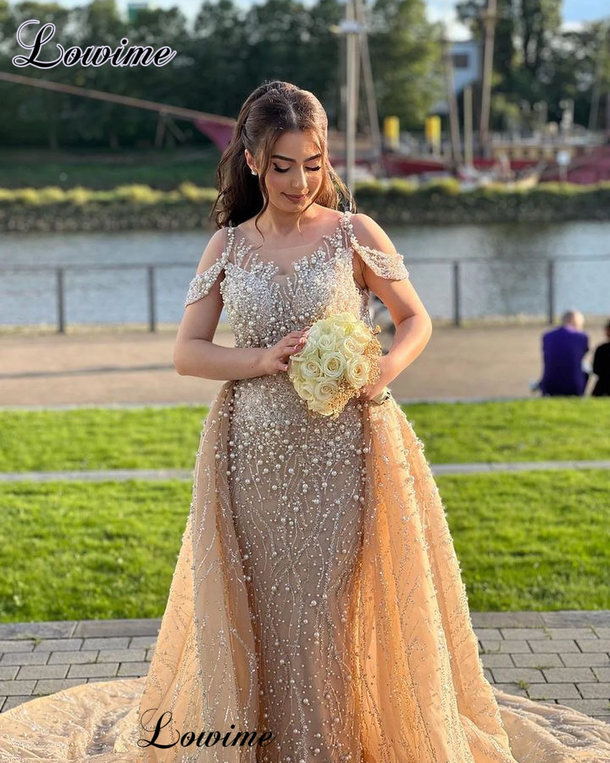 

Платье свадебное со съемным шлейфом и жемчугом, элегантное садовое платье цвета шампанского, платье для невесты, арабский стиль