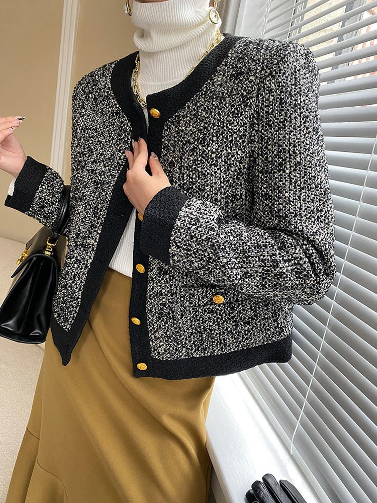 

Balck Duck Down Big Size Warm Tweed Jacket New O-neck Long Sleeve Women Coat Fashion Tide Autumn Winter O598