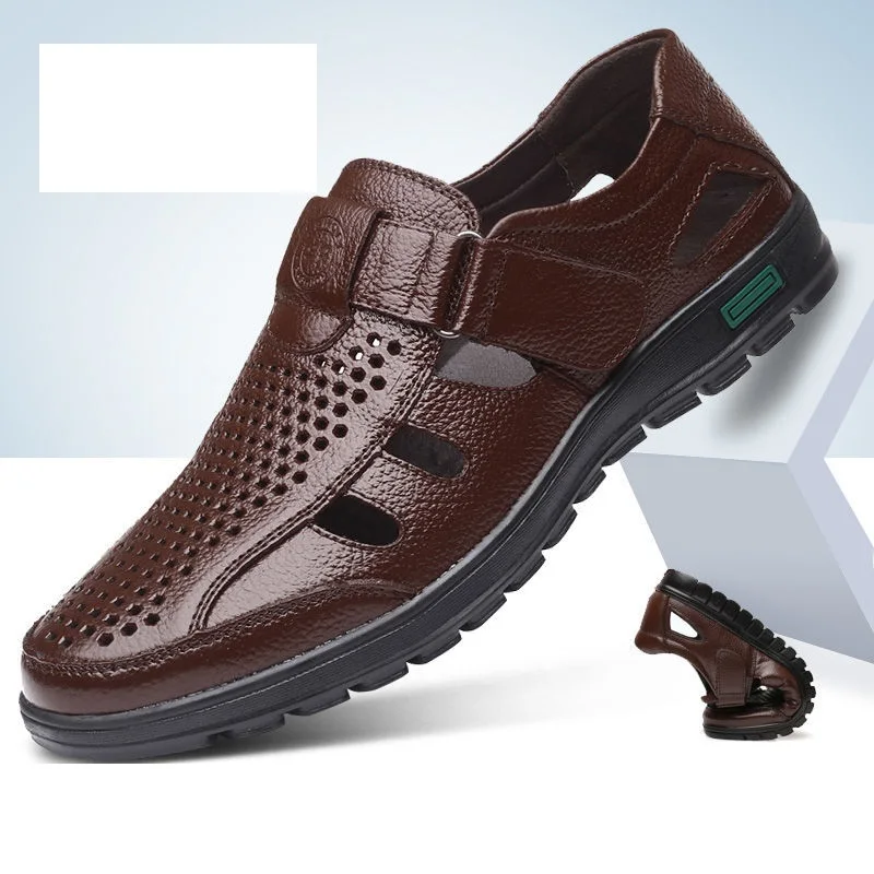 Leather Summer Sandals Genuine Leather Mens Breathable Hollow Out Classic Flat Casual Sandals Solid Rubber