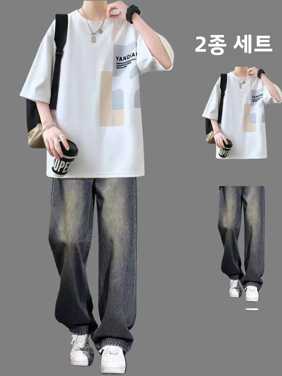 청소년 아메리칸 반팔 티셔츠 세트 남성 여름 트렌드 루즈핏 시원한 면 데님 청바지 투피스 세트 캐주얼 스포츠웨어