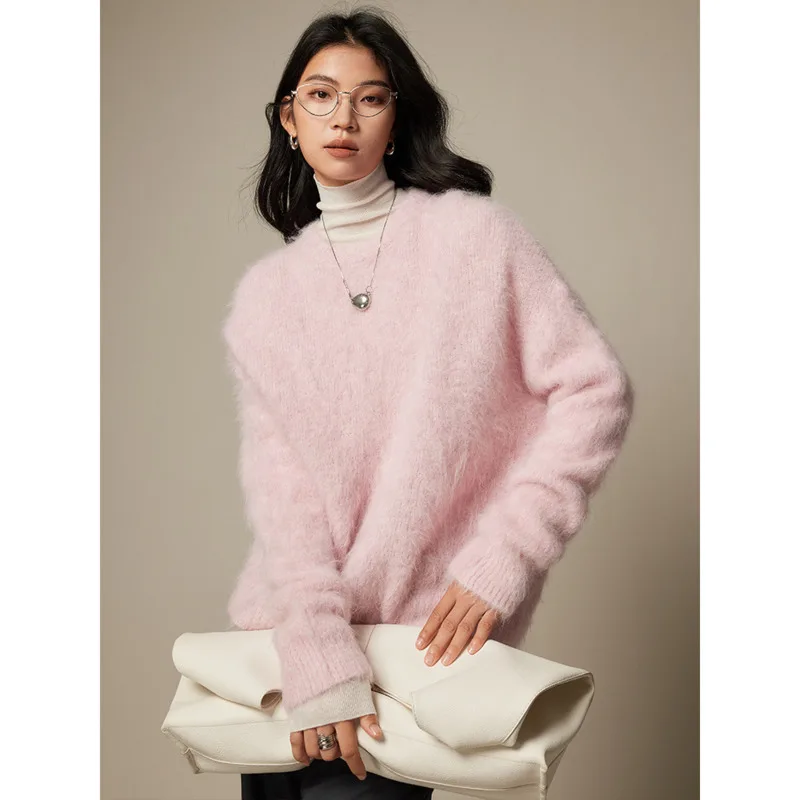 Women's Alpaca Wool thick Sweater winter Round Neck Loose Solid Color Knit Pullovers Top 3