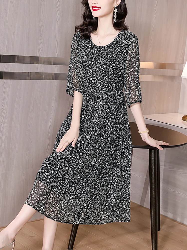 Summer-Black-Floral-Chiffon-Fashion-Light-Midi-Dress-Women-Korean ...