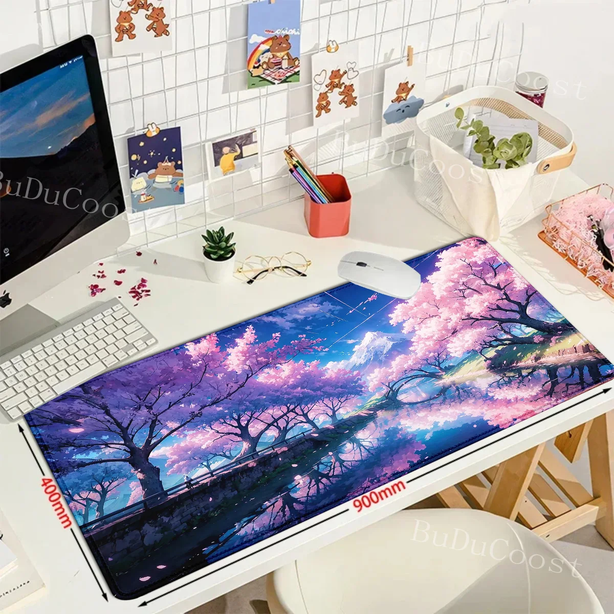 Gamer Sakura-Mauspad, großes Mauspad mit Schlosskante, XXXL, 1000 x 500 mm, rutschfestes Mauspad, große Schreibtischunterlage, Gaming-Mauspad, Tastaturmatte – Detail 10