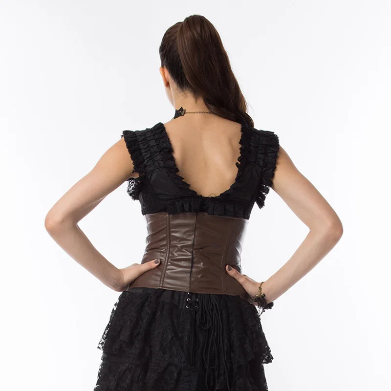 Damen Steampunk Unterbrust-Korsett Braunes Kunstleder-Bustier mit Metallnieten Goldene Nieten Hochgeschlossenes Vintage Gothic-Oberteil – Detail 4