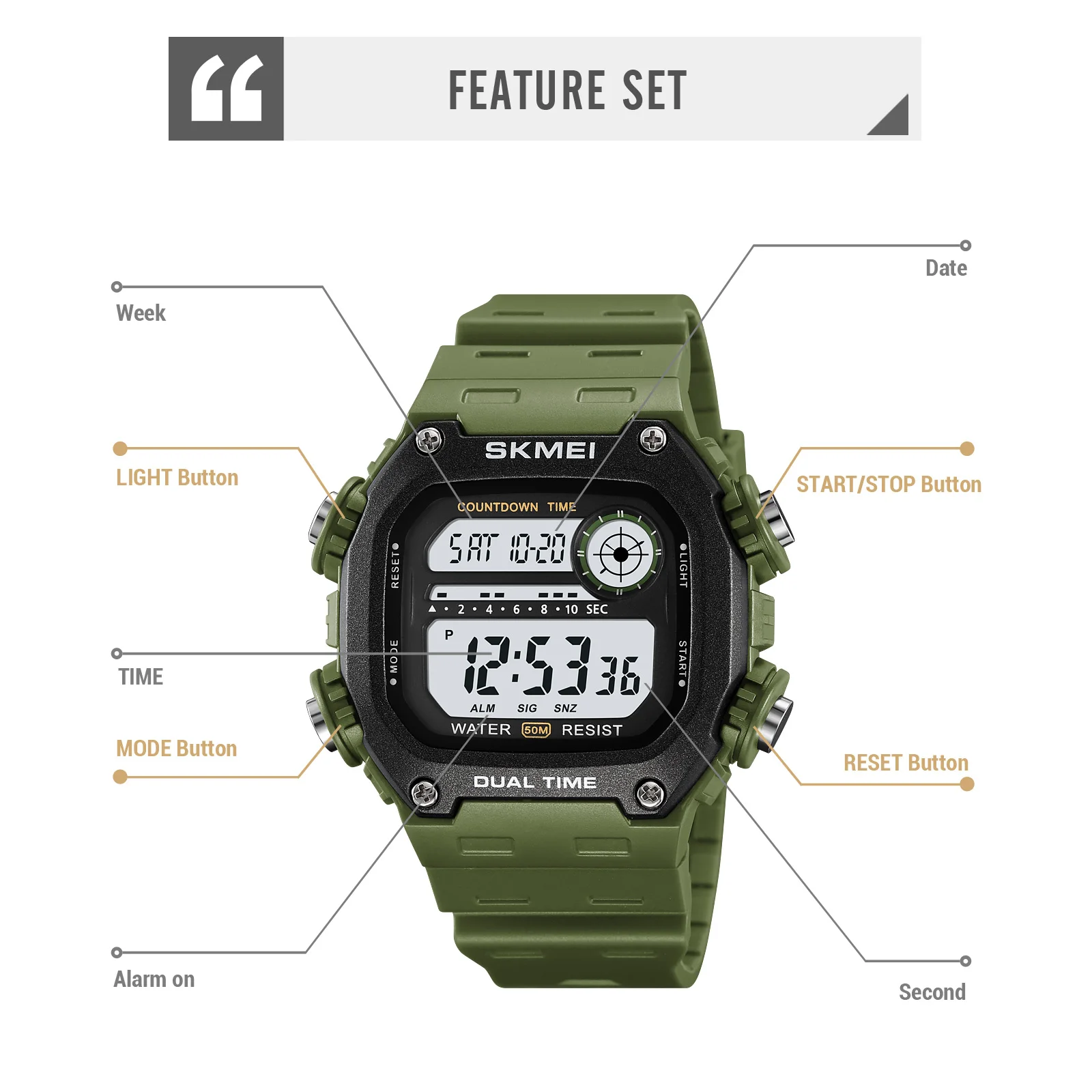 SKMEI 2126  Wristwatch Alarm montre homme Back Light Dightal Countdown Sport Watches Mens Fashion 5Bar Waterproof Stopwatch 5