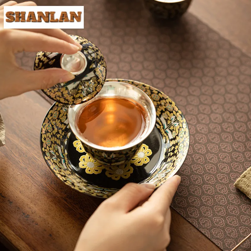 120ml Jingdezhen Gilded Silver Gaiwan Vintage Handmade Porcelain Body Tea Tureen Tea Brewing Cover Bowl Ceremony Ornaments