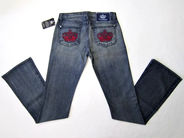 Y2k Vintage années 2000 couronne poche broderie Jean pantalon Denim décontracté taille haute droite jambe large Jean Harajuku rétro jean évasé 1