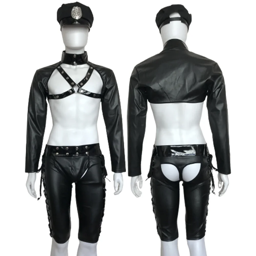 Sexy Cosplay Lingeries 3pcs/set Men Police Uniform Faux Leather Erotic Sex Clothes Underwear Black Porno Sexy Role Play Outfits yatemao 3pcs set maternity underwear pregnant panty cartoon simple low waist maternity pants