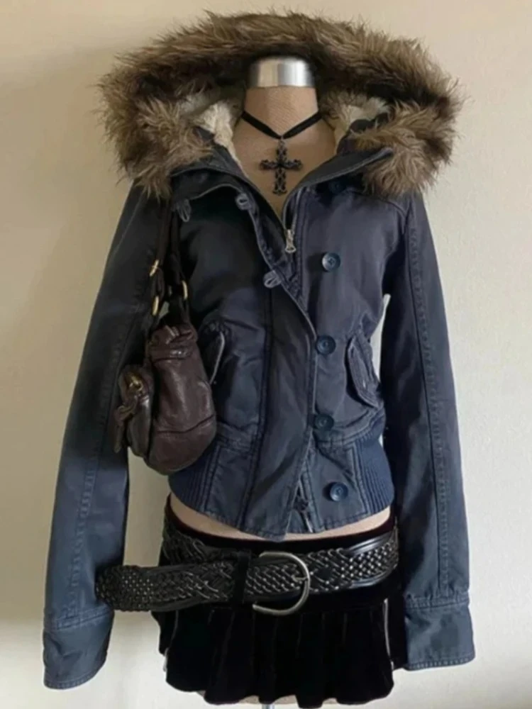 Retro Daily Style Women Winter Thick Parka Jacket Faux Fur Hood Warm Cotton‑padded Loose Fit Casual Street Outer Fashion Coats