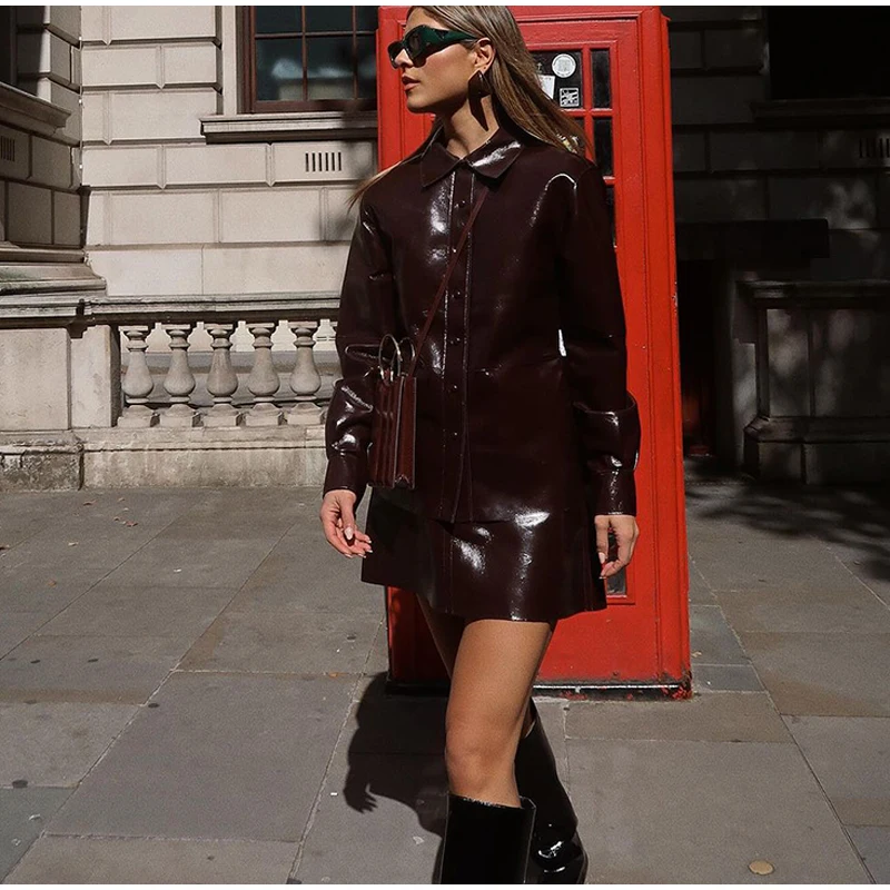 Sexy PU Leather Jacket Mini Skirts Set