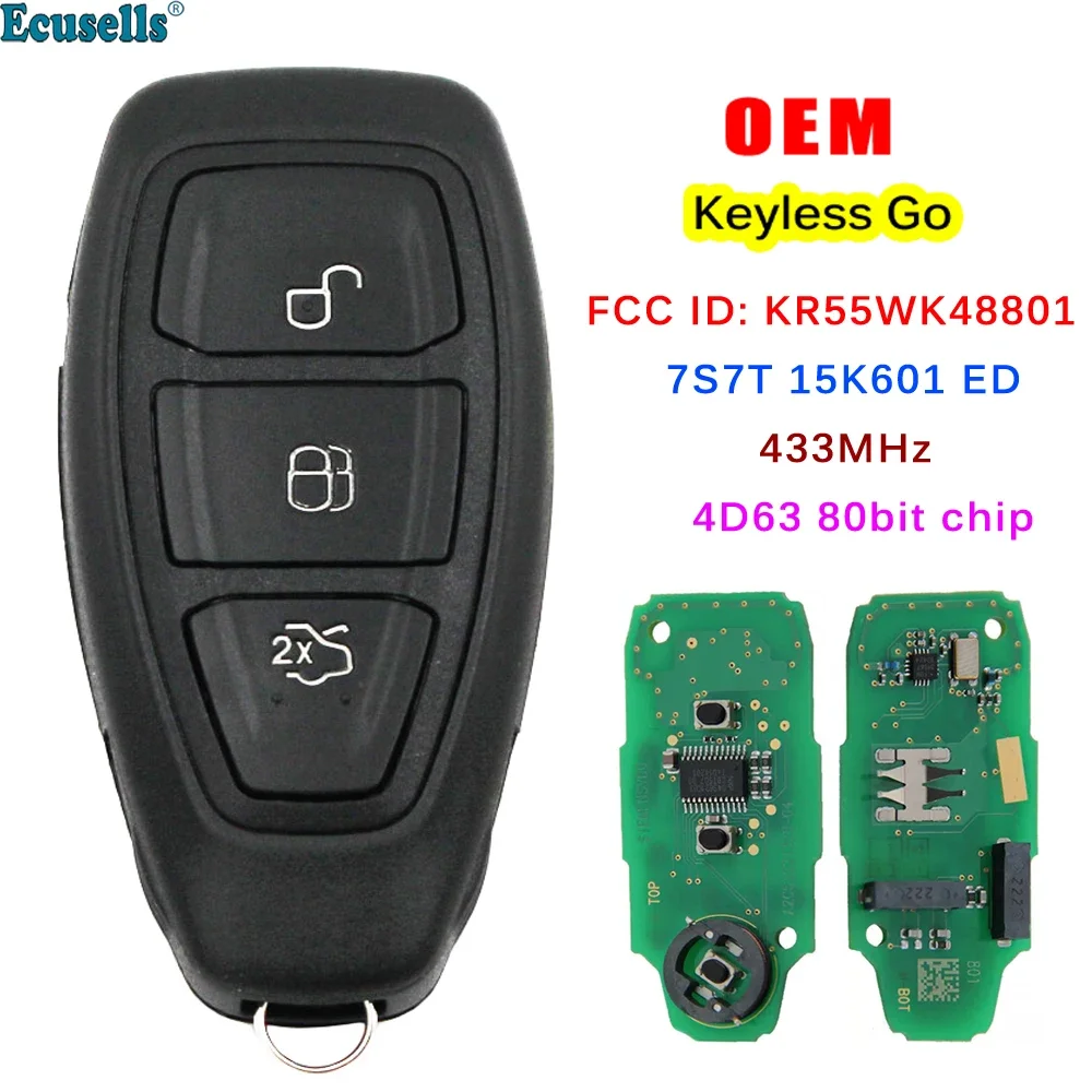 

Original 3 Button Smart Remote Key 433MHz 4D63 Chip for Ford Focus Fiesta C-Max Kuga Fiesta B-max S-max Galaxy PEPS KR55WK48801