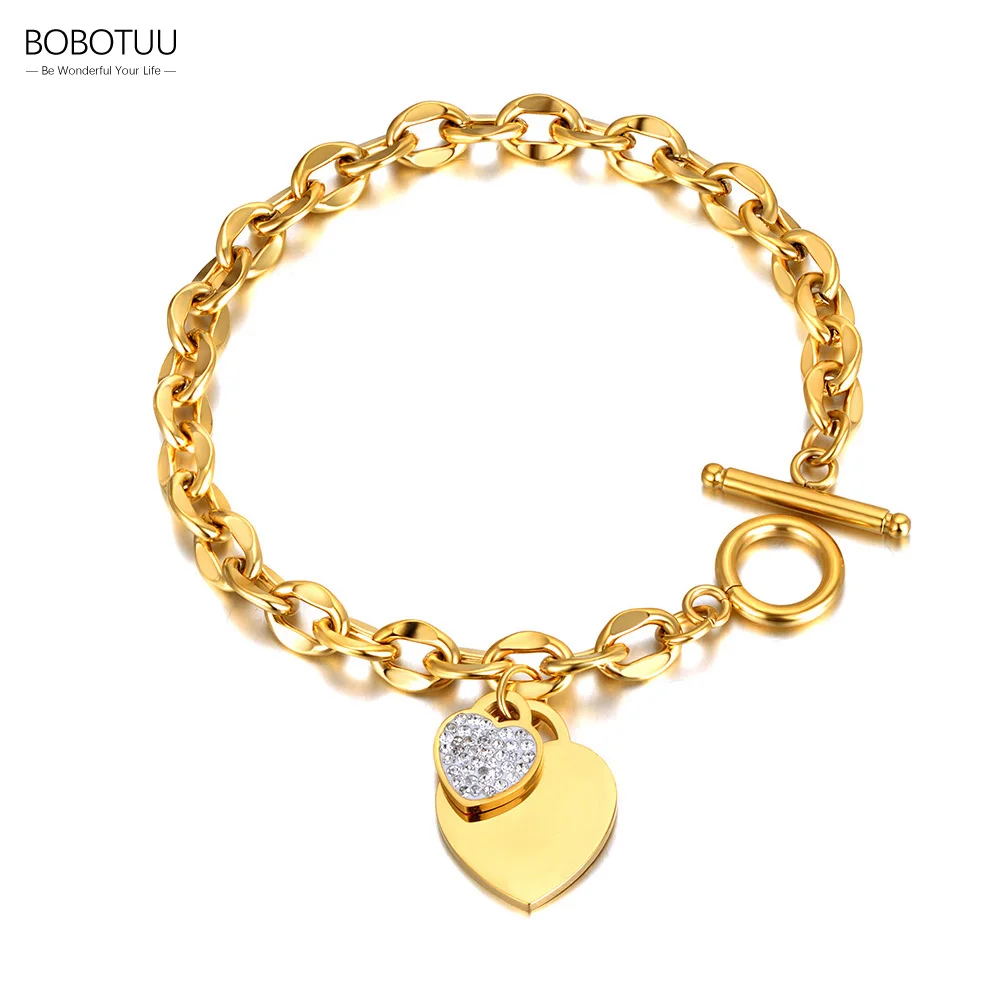 BOBOTUU 18K Gold Plated Stainless Steel Double Heart Charm Bracelets For Women Bohemia Rhinestone Chain Link Bracelet BB21161