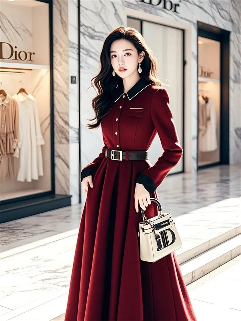 French Wine Red Dress 2025 Autumn Womens Clothing High-end Super Beautiful Formal Occasion Temperament Waist Cinching Long Skirt