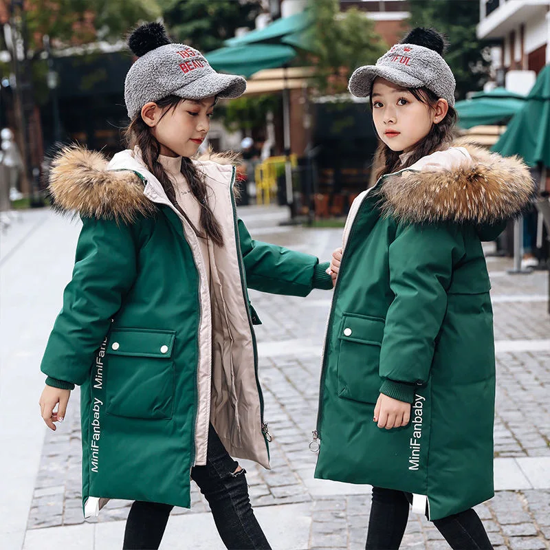 

4-13 Year Teen Girls Winter Jacket Fashion Fur Collar Hooded Long Coat For Girls Parka Overcoat Thicken Warm Children's Clothing