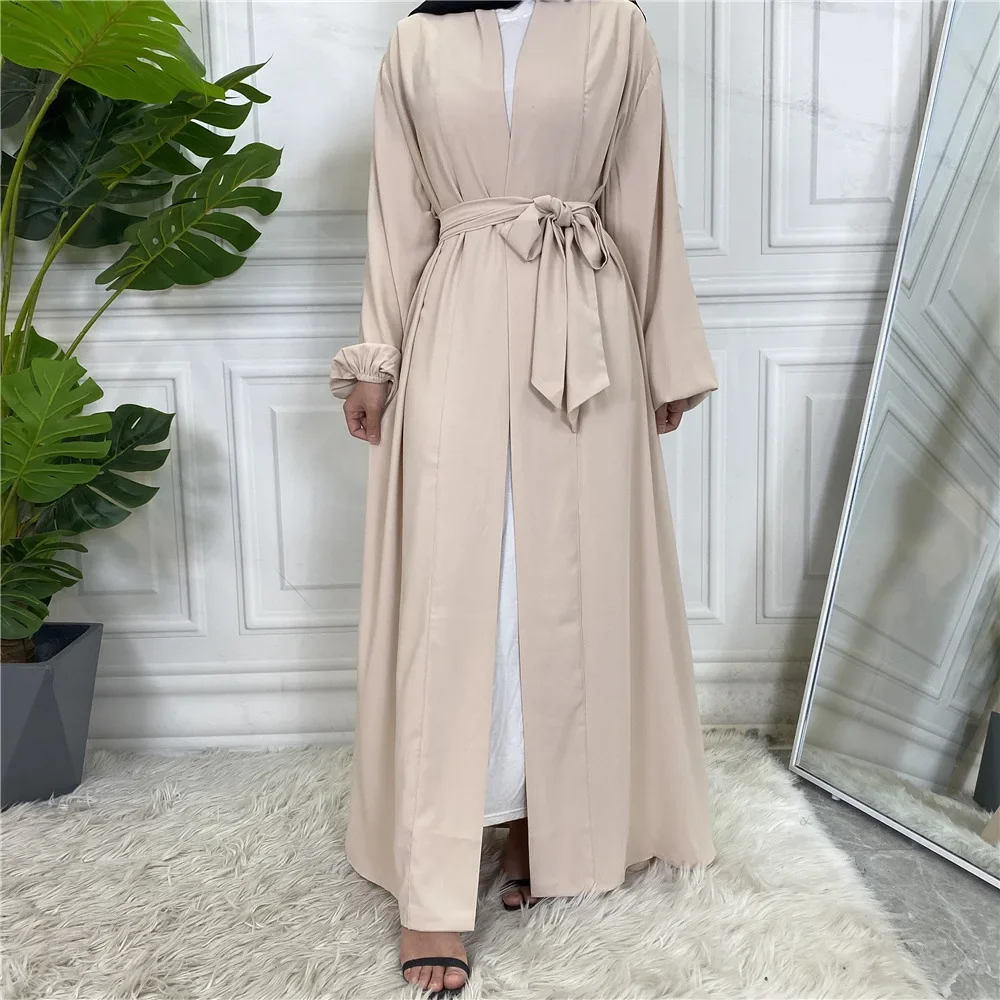 Plain Arabic Kimono Abaya Open Turkey Elastic Cuff Belted Abayas for Women Dubai Muslim Hijab Dress Islam Outfits Kaftan Robe