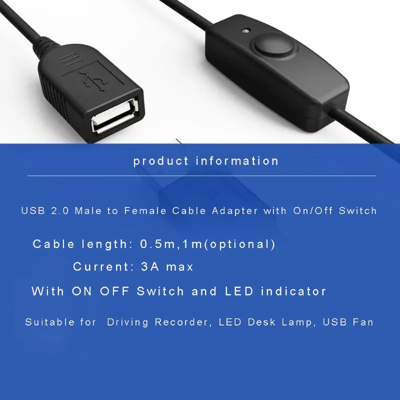 Data Sync USB 2.0/3.0 Extender Cord USB Extension Cable With ON OFF Switch for Raspberry Pi PC USB Fan LED Lamp 5