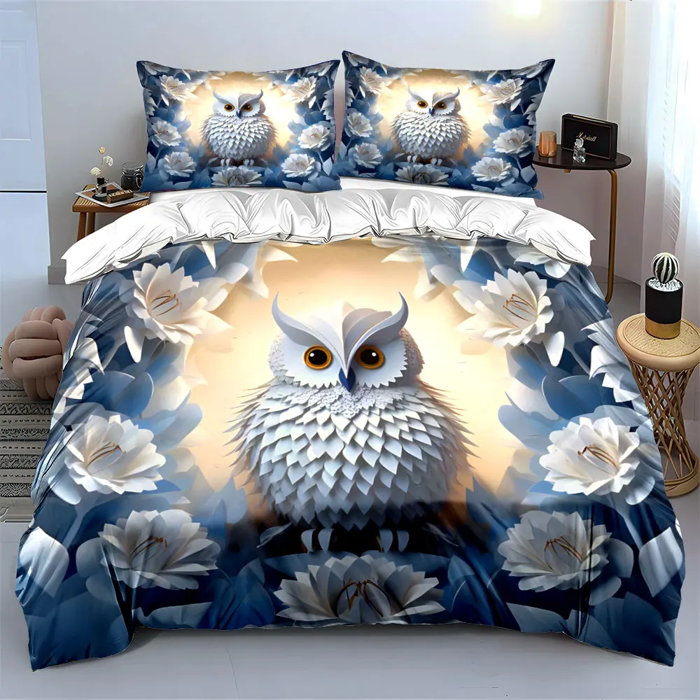 Owl Design Decorative Set Soft Skin-Friendly Bedding Set Includes 1 Duvet Cover And 2 Pillowcase, Gift 2