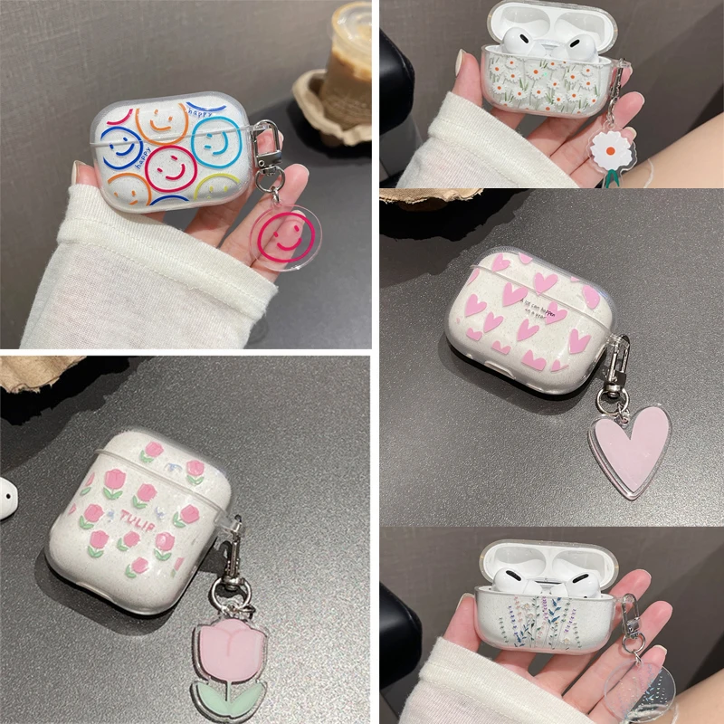 Corea Ins Cartoon Flower Glitter Shiny Case Per Airpods Pro 2Nd Cases Portachiavi Cute Fashion Heart Cover Per Apple Airpods 2 1 3