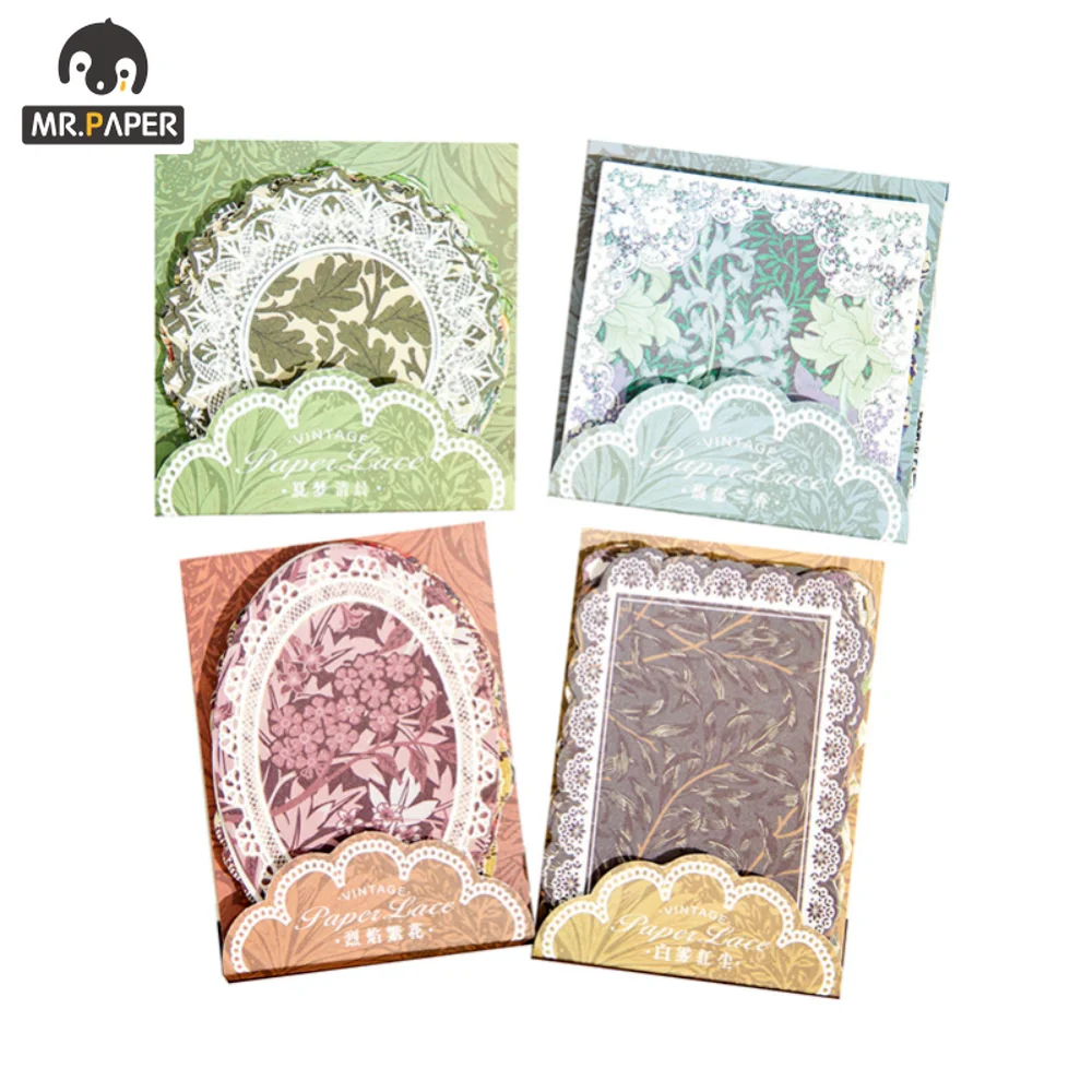 

Mr.Paper 4style 40Pcs/bag Vintage Paper Card Rich Pattern Lace Border Plant Handbook DIY Collage Message Paper Korean Stationery