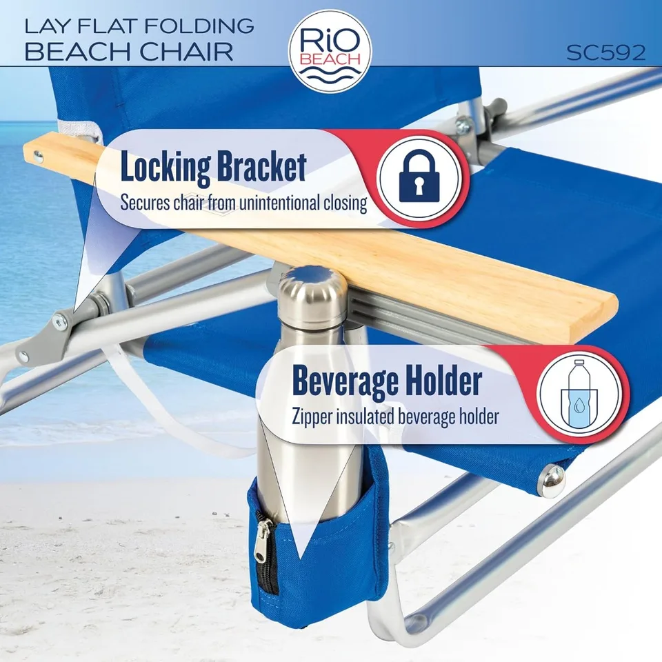 Rio Brands 5-Position Lay Flat Beach Chair With Backpack Straps - Lightweight & Reclining, Blue - View #9