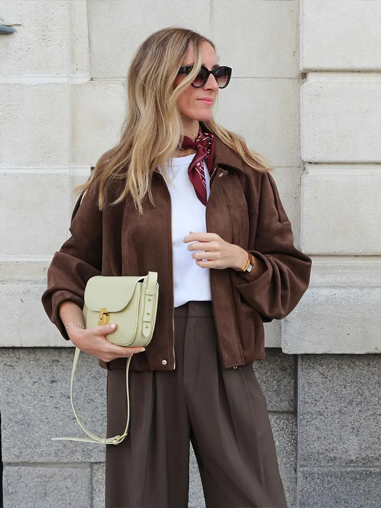 HH 2025 Autumn Jacket For Women Fashion Solid Suede Coat Lapel Long Sleeve Zipper Jackets High Street Loose Overcoat Outerwear