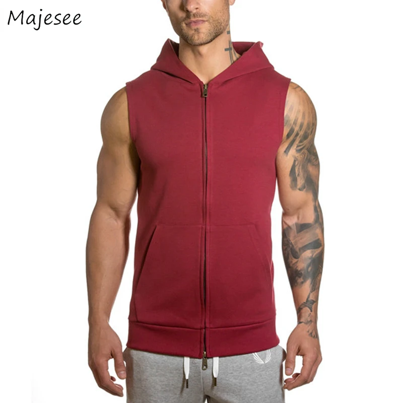 

Hoodies Men Hooded Sleeveless Sweatshirts Solid Simple All-match Zipper European Style Soft Handsome Fashion Hoodie Male Trendy