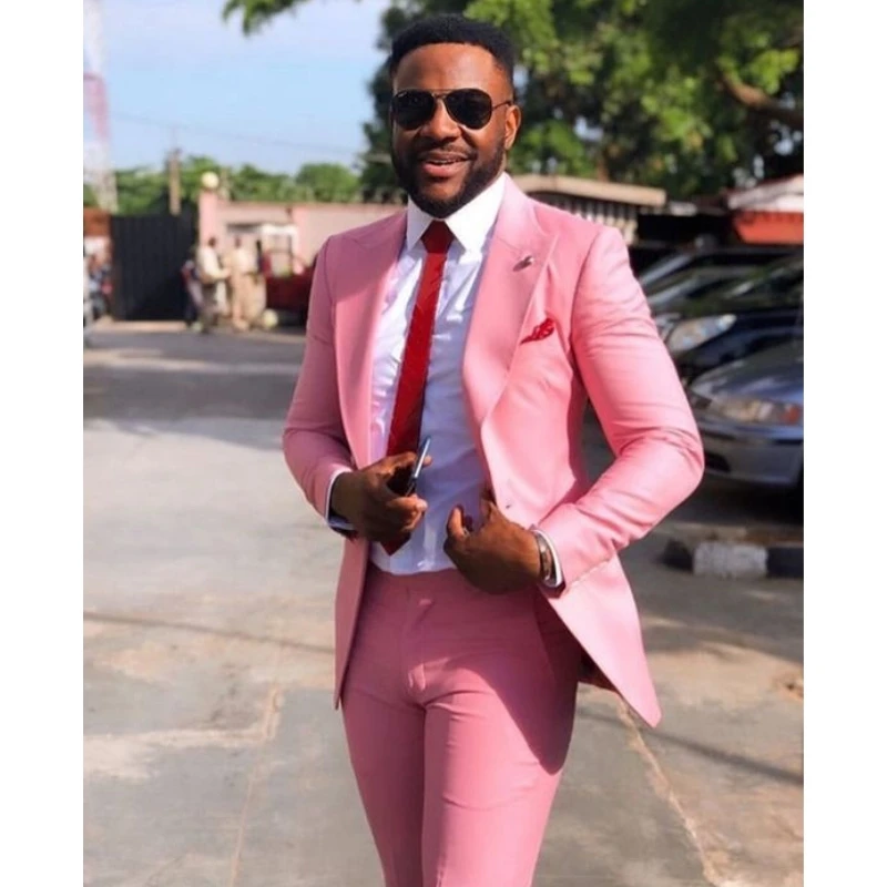 

Pink Elegant Men Suits 2 Pieces Slim Fit Peaked Lapel Casual Suit Male Tuxedos For Wedding Blazer Pants Costume Homme