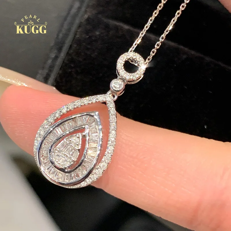 

KUGG 18K White Gold Necklace Classic Water Drop Design 0.40carat Real Natural Diamond Pendant Necklace for Women Party Jewelry