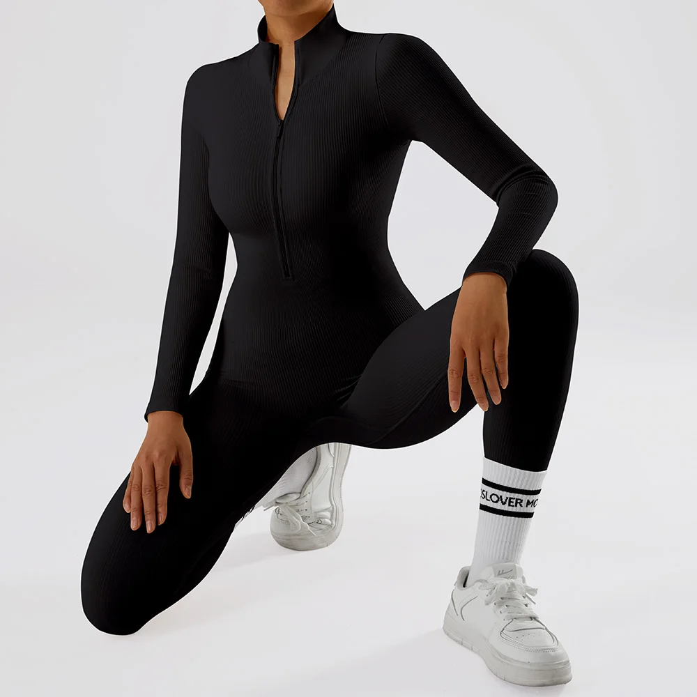 Macacão de ioga com zíper, manga comprida, peça única, roupa esportiva feminina, macacão para academia, treino de alta intensidade, peça justa ao corpo.