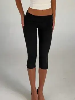 Women's Y2K Low Waist White Capri Leggings Fold Over Waistband Split Hem Solid Color Slim Fit Stretchy Cropped Leggings Buttery 1