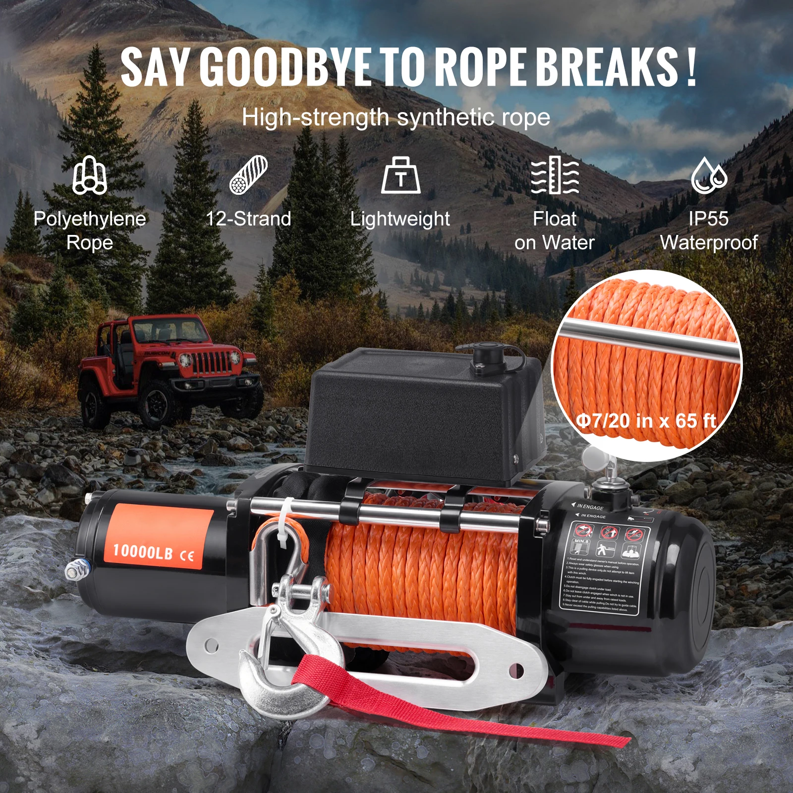 SucceBuy 10000lbs Electric Winch 12V Truck Car Winch with 65ft Synthetic Rope Wireless Control IP55 for Towing Off-Road SUV Jeep