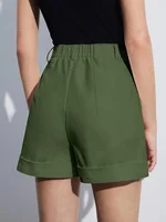 Olive drab Women's Oversized Woven Solid Color Casual Shorts Comfortable Loose Fit High Waist Knee-Length Summer Fashion Olive d - Image 2