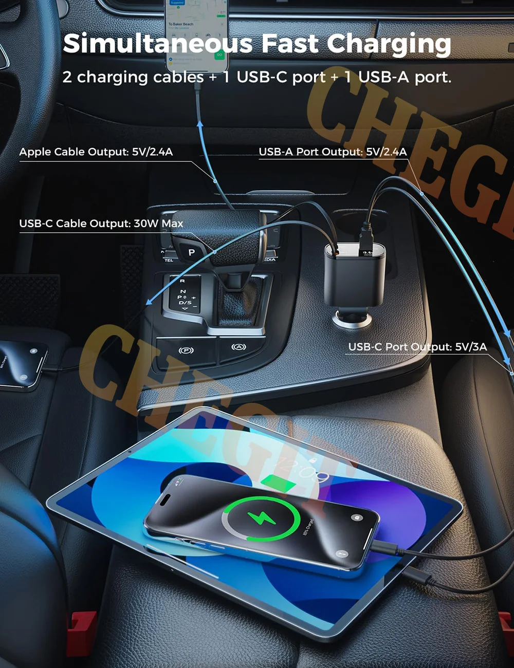 5 in 1 120W Car Charger Retractable Car Cigarette Lighter Adapter USB Type C Fast Charger Cable For IPhone Xiaomi Huawei Samsung