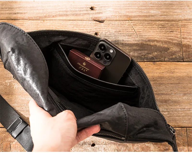 Outdoor casual natural soft genuine leather men's black chest bag fashion weekend daily travel luxury real cowhide shoulder bag