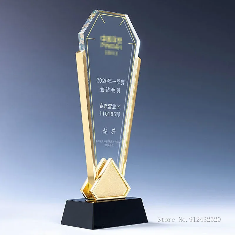 Custom Personalized Metal Geometric Shape Base Crystal Trophy, Electroplating Gold, Creative Event, Souvenir Home Decoration 1pc
