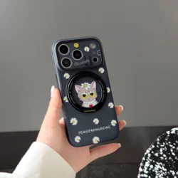 Adorable Cat Phone Case with Rotating Bracket and Shockproof Protection - iPhone 15 (Black)