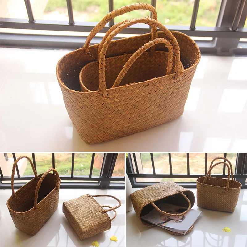 Seaweeds Woven Storage Basket Natural Seagrass Handmade Clothes Laundry Basket Straw Wicker Rattan Storage Flower Pot Beach Bag