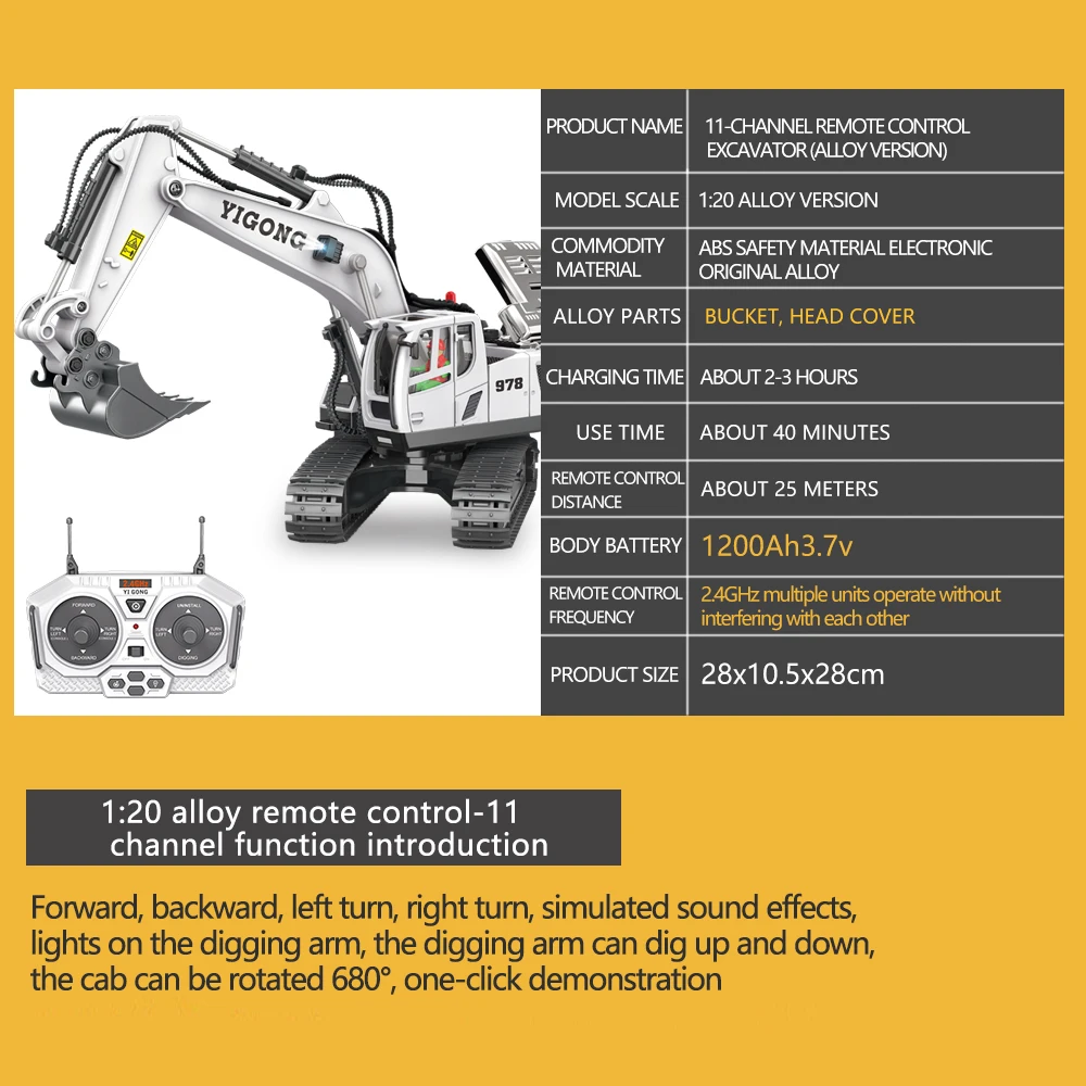 OpenRC Camion Grue Télécommandé – Pelleteuse Electrique 7.2V, Portée 30m, Bras Extensible, Rotation 360°, Dès 6 Ans