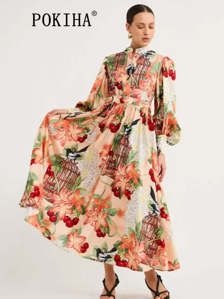 

Pokiha 2023 Fashion Autumn Women Floral Print Elegant Maxi Dress Vintage Lantern Sleeve Long Dresses Female Robe Vestidos Mujer