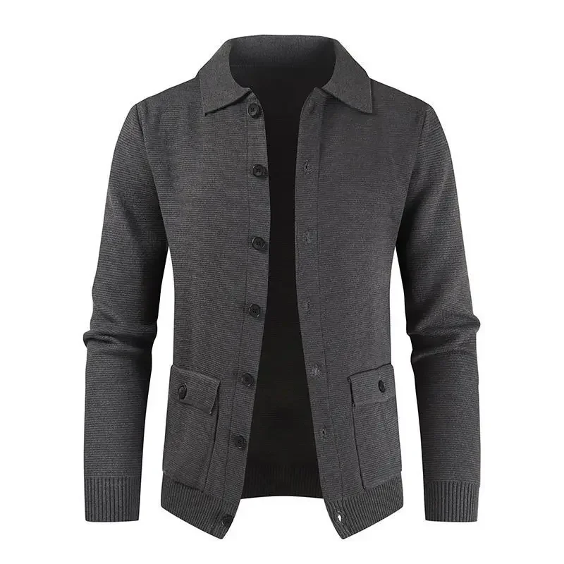 European and American Men's Fashionable Pure Color Lapel Pocketed Slim-fit Long-sleeved Knitted Sweater for Winter. M-XXXL 2