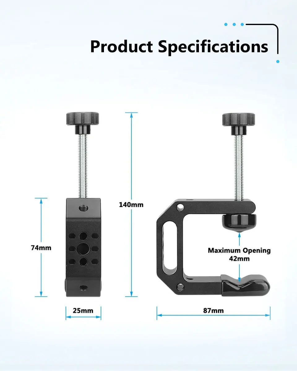 C Clamp Desk Mount 2.25" Neck with Multiple 1/4"-20 and 3/8"-16 Threads For Ligh