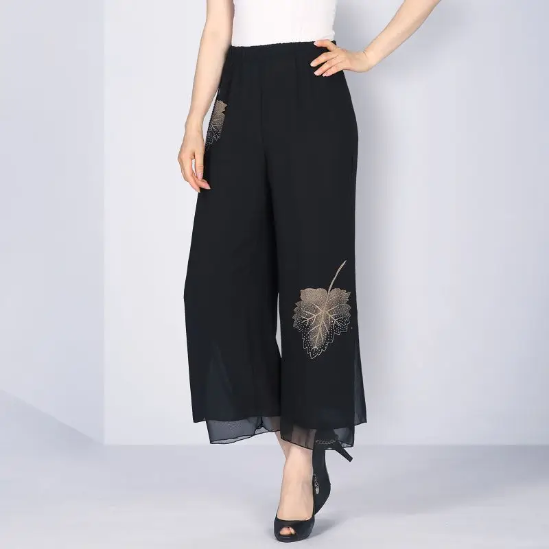 

2024 New Summer Soft and Smooth Casual Loose Oversized High Waist Slimming Fashion Printed Chiffon Nine Split Wide Leg Pants