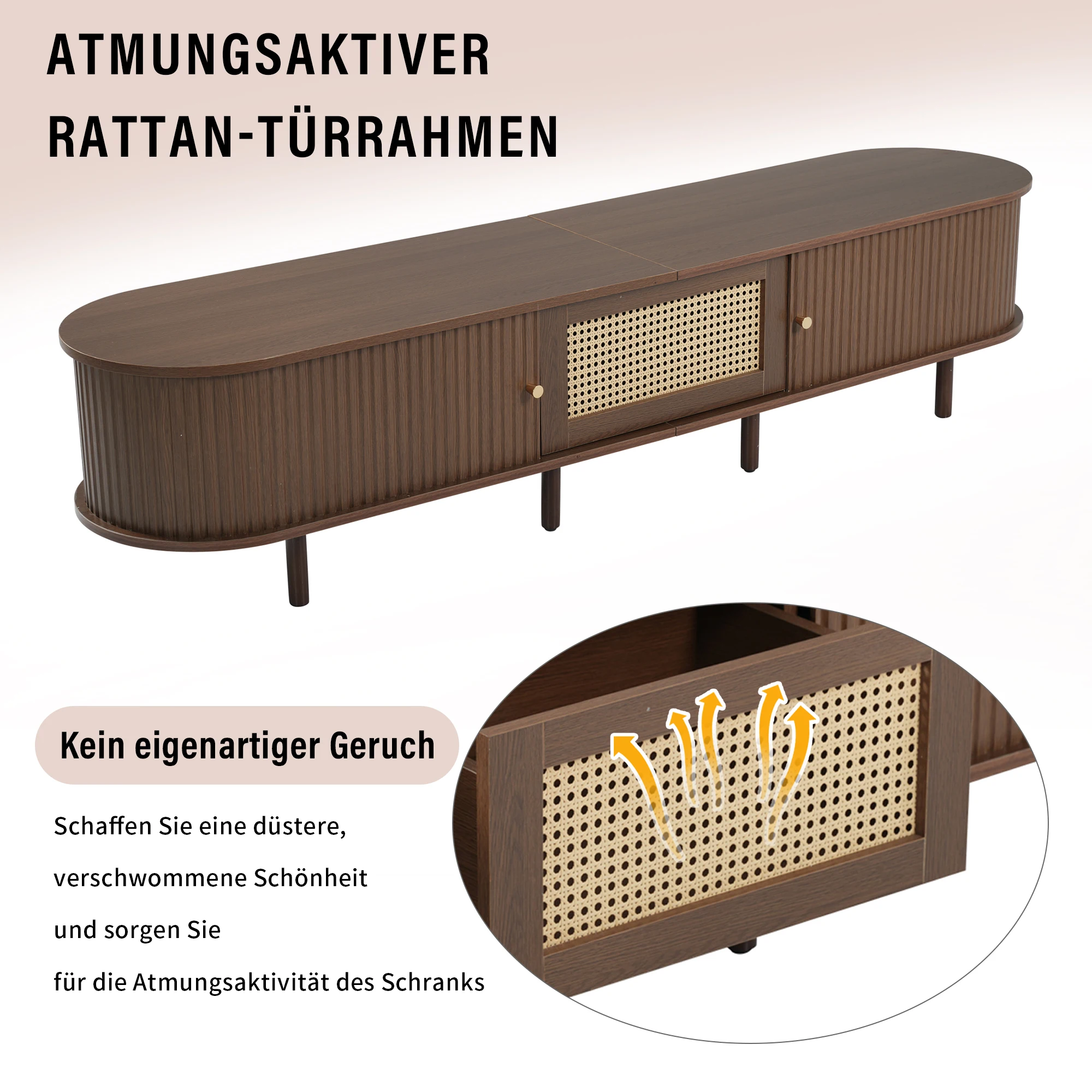 KOMHTOM Ovaler TV-Ständer Nussbaum Dunkel, Rattan-Design 180cm MDF, Verstellbare Füße, 30kg Belastbarkeit – Detail 8